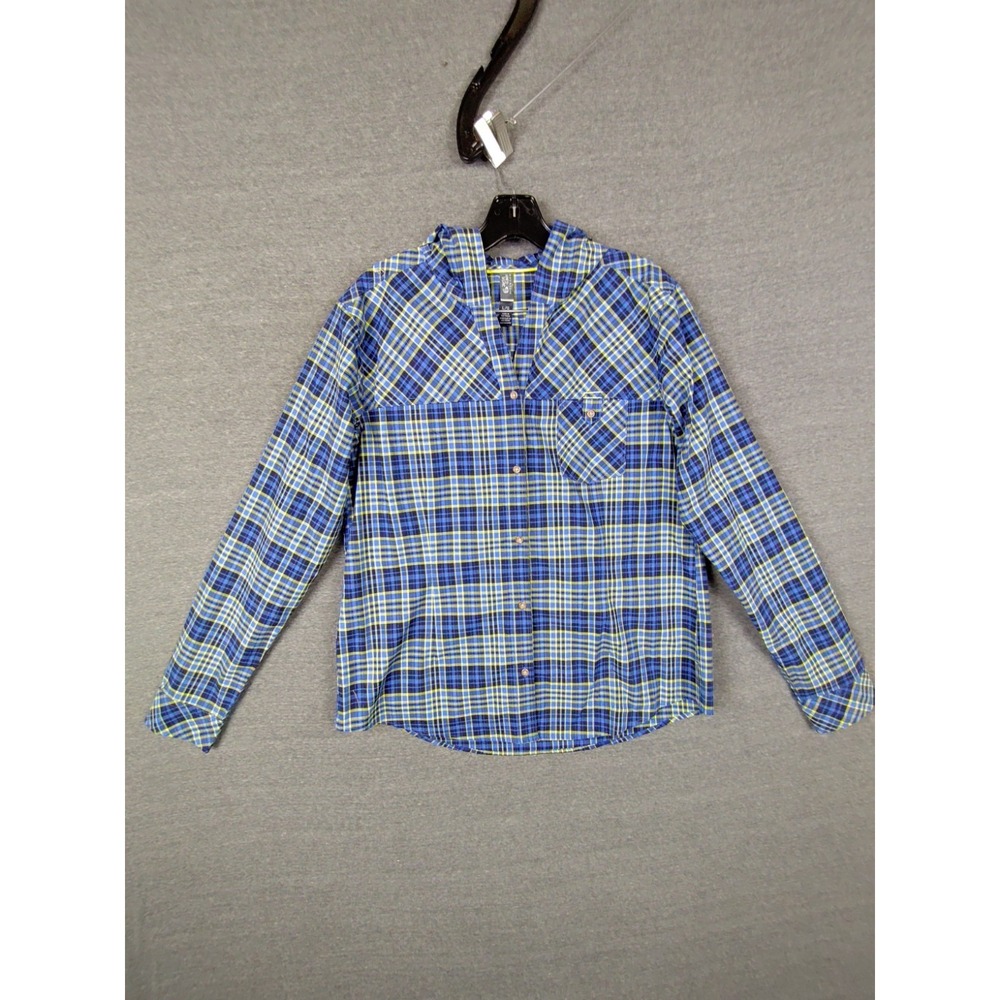 Mountain Hardwear Womens Jacket Large Blue Plaid Hoodie Shacket‎ Twill Hiking